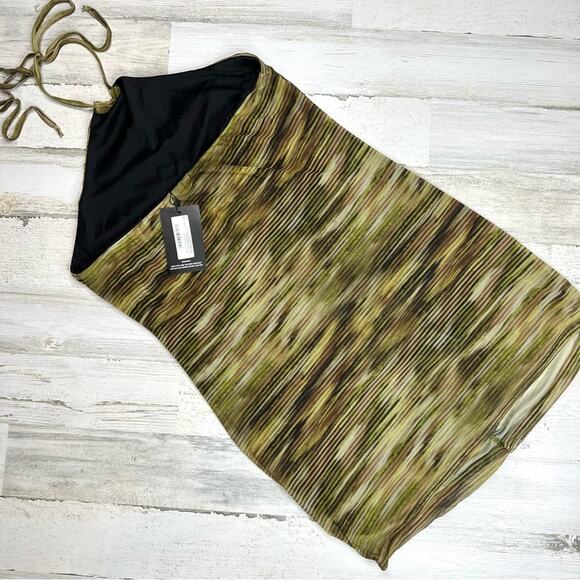 PrettyLittleThing Khaki Printed Halterneck Ruched Front Mesh Bodycon Dress 16 - Picture 5 of 9